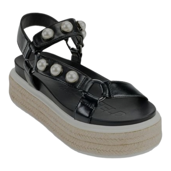 KarlLagerfeldWomensBlackStuddedAnkle StrapRoundToePlatformLeatherShoeSize 10M - Picture 6 of 9